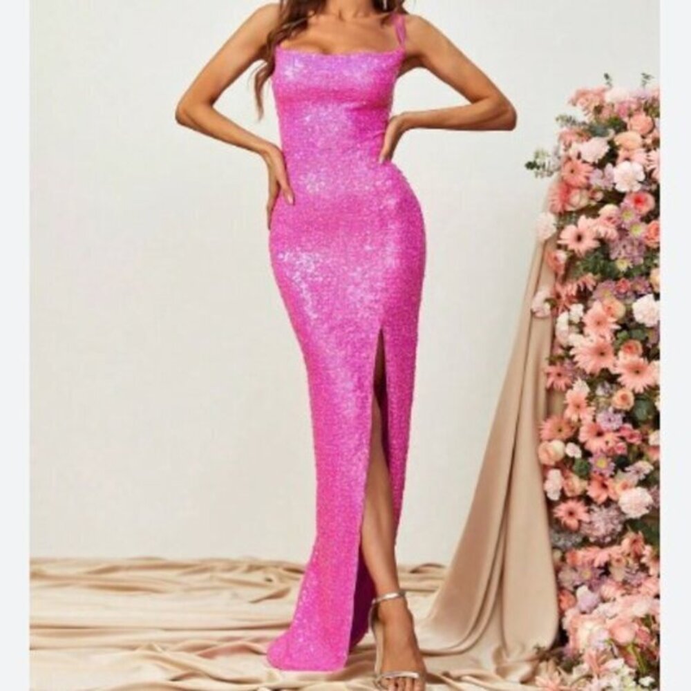 Faeriesty Womens Hot Pink Sequin Maxi Dress Cowl Neck Leg Split Size M Medium